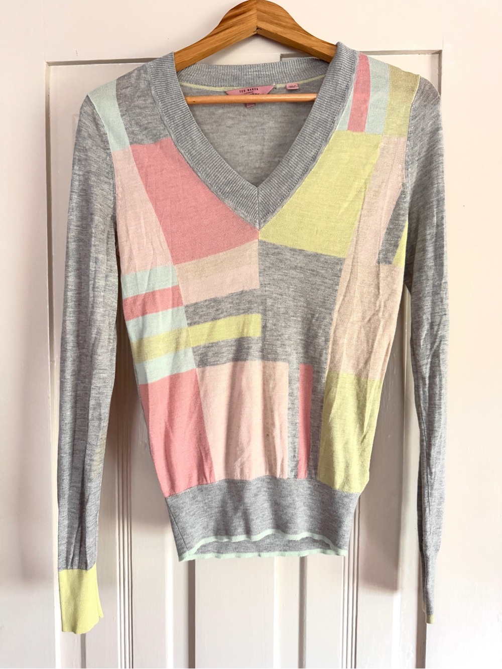 Ted Baker Gray V-Neck Sweater with Pink, Mint & Yellow Blocks
